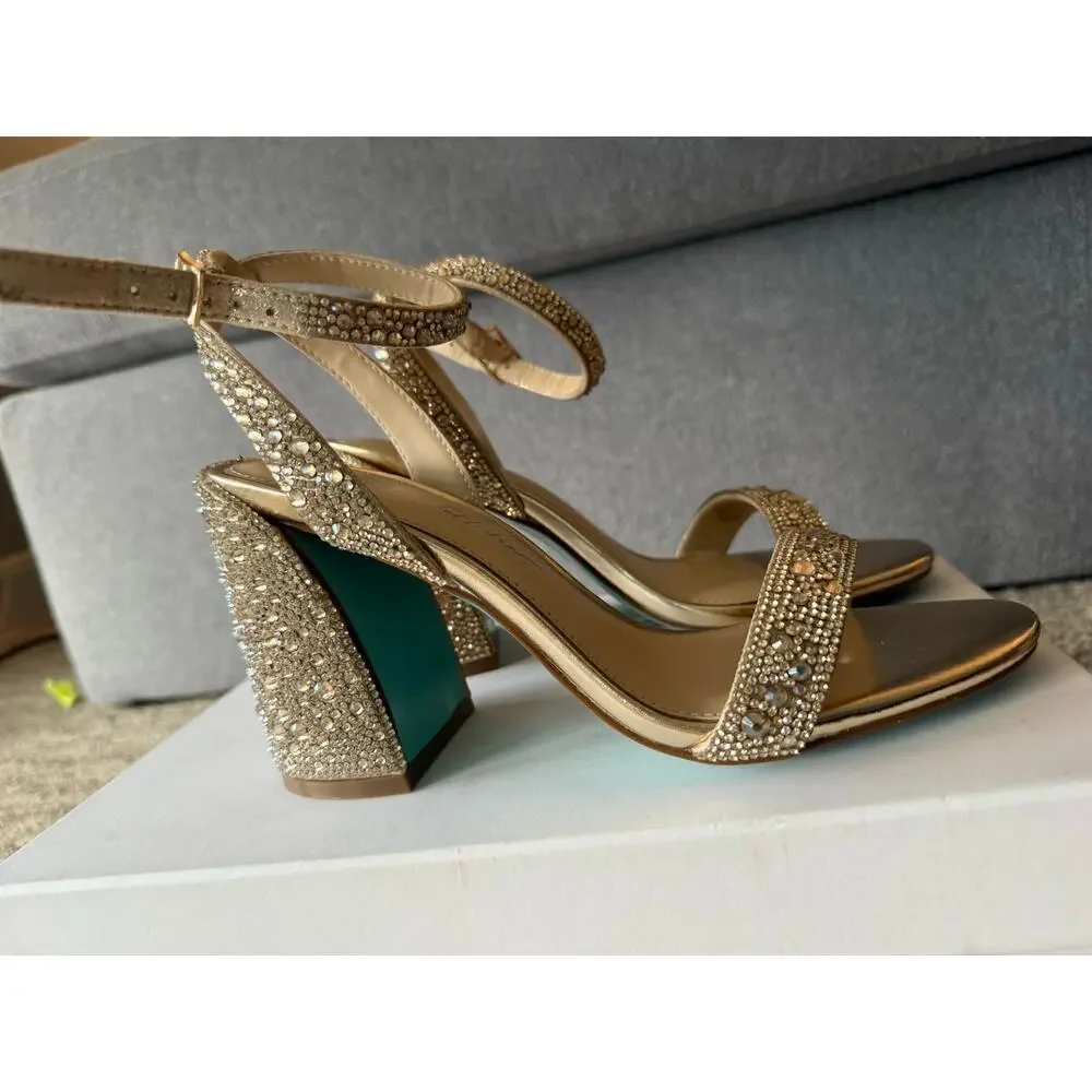 Betsey Johnson Gold Rhinestone Block Heel Sandals